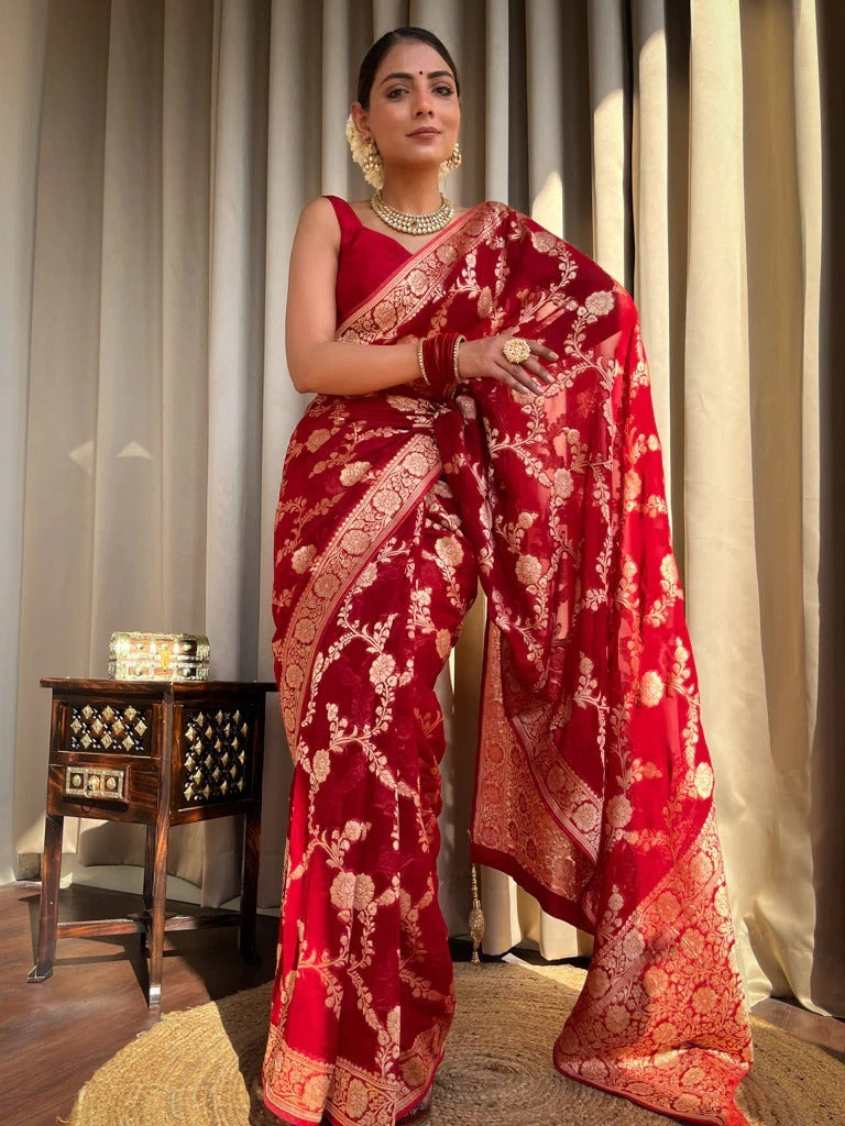 Scintilla Red Color Soft Banarasi Silk Saree With Tempting Blouse Piece