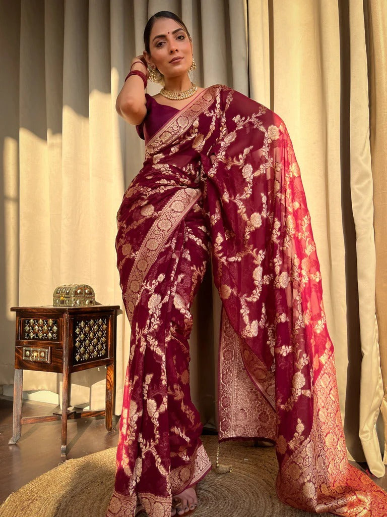 Lagniappe Wine Color Soft Banarasi Silk Saree With Magnetic Blouse Piece