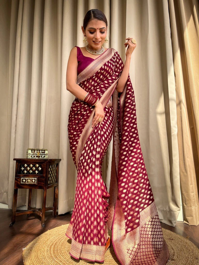 Magnific Wine Color Soft Banarasi Silk Saree With Panoply Blouse Piece