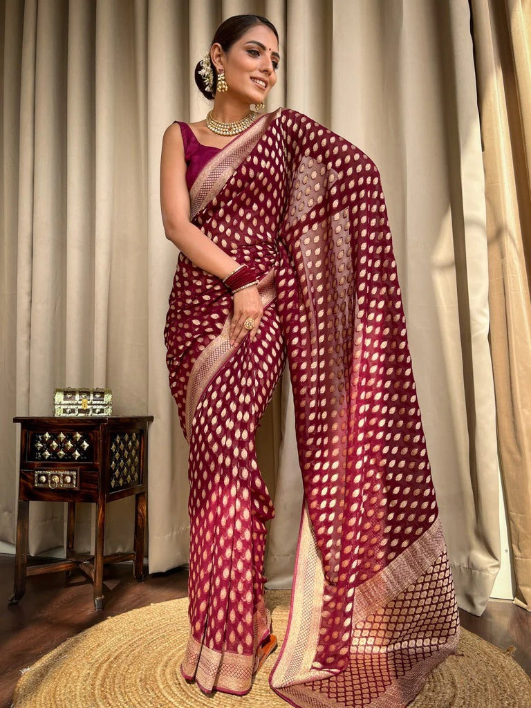 Magnific Wine Color Soft Banarasi Silk Saree With Panoply Blouse Piece