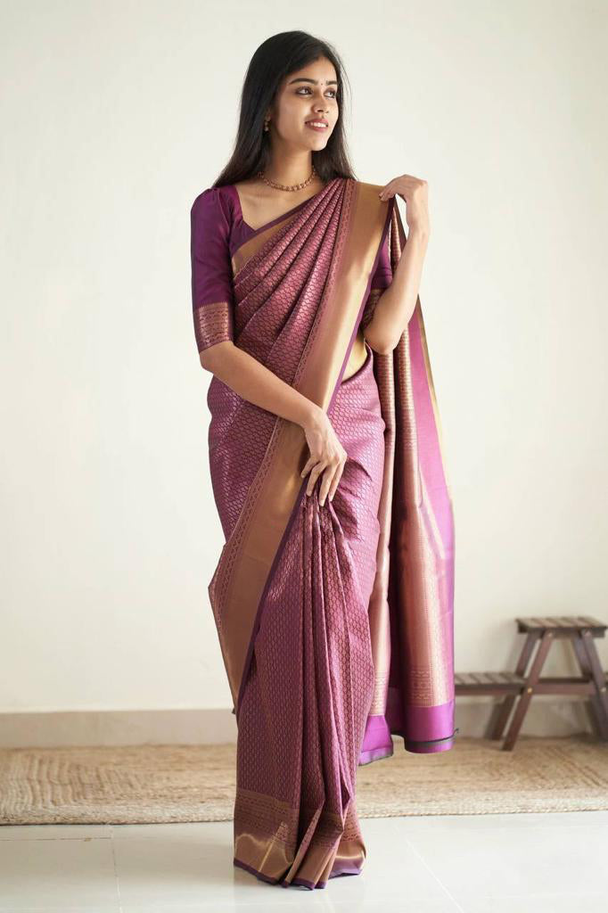 Devastating Purple Soft Silk Saree With Petrichor Blouse Piece