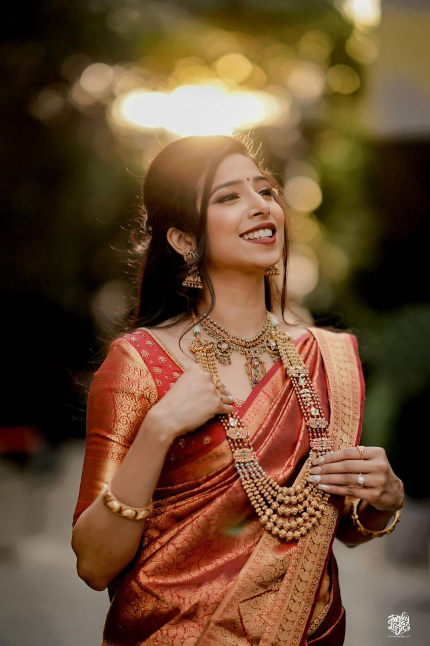 Efflorescence Maroon Soft Banarasi Silk Saree With Blouse Piece