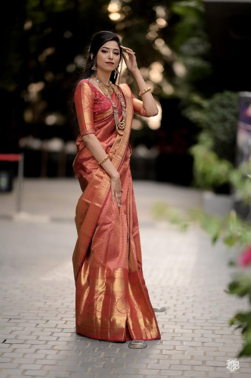 Efflorescence Maroon Soft Banarasi Silk Saree With Blouse Piece