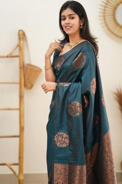 Captivating Rama Soft Silk Saree With Glittering Blouse Piece