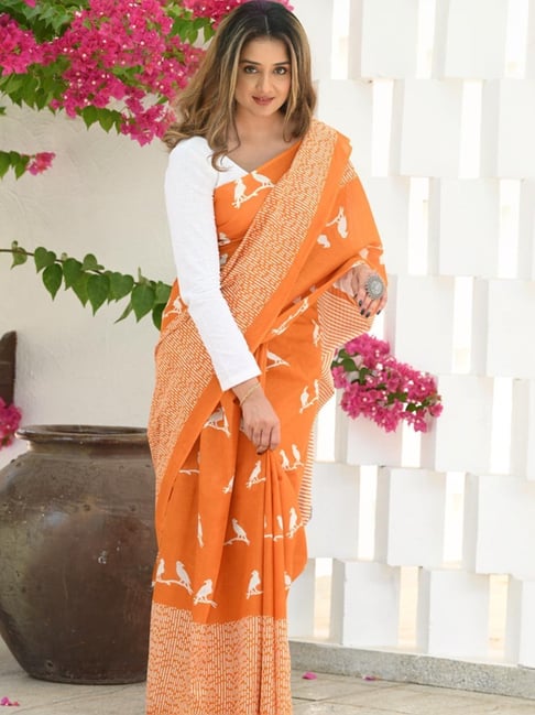 Desirable Orange Cotton Silk Saree With Energetic Blouse Piece