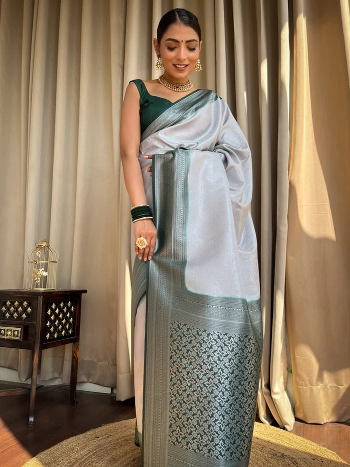 Unique Grey Soft Silk Saree With Bucolic Blouse Piece