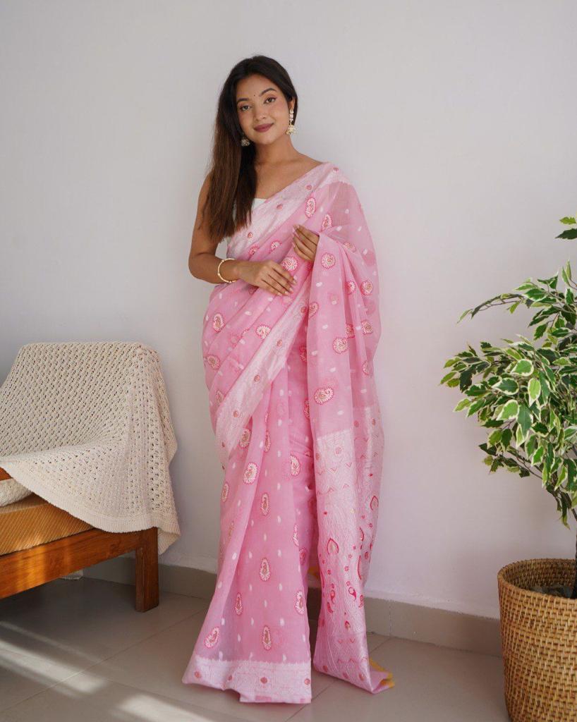 Glittering Pink Color Cotton Silk Saree With Blouse Piece