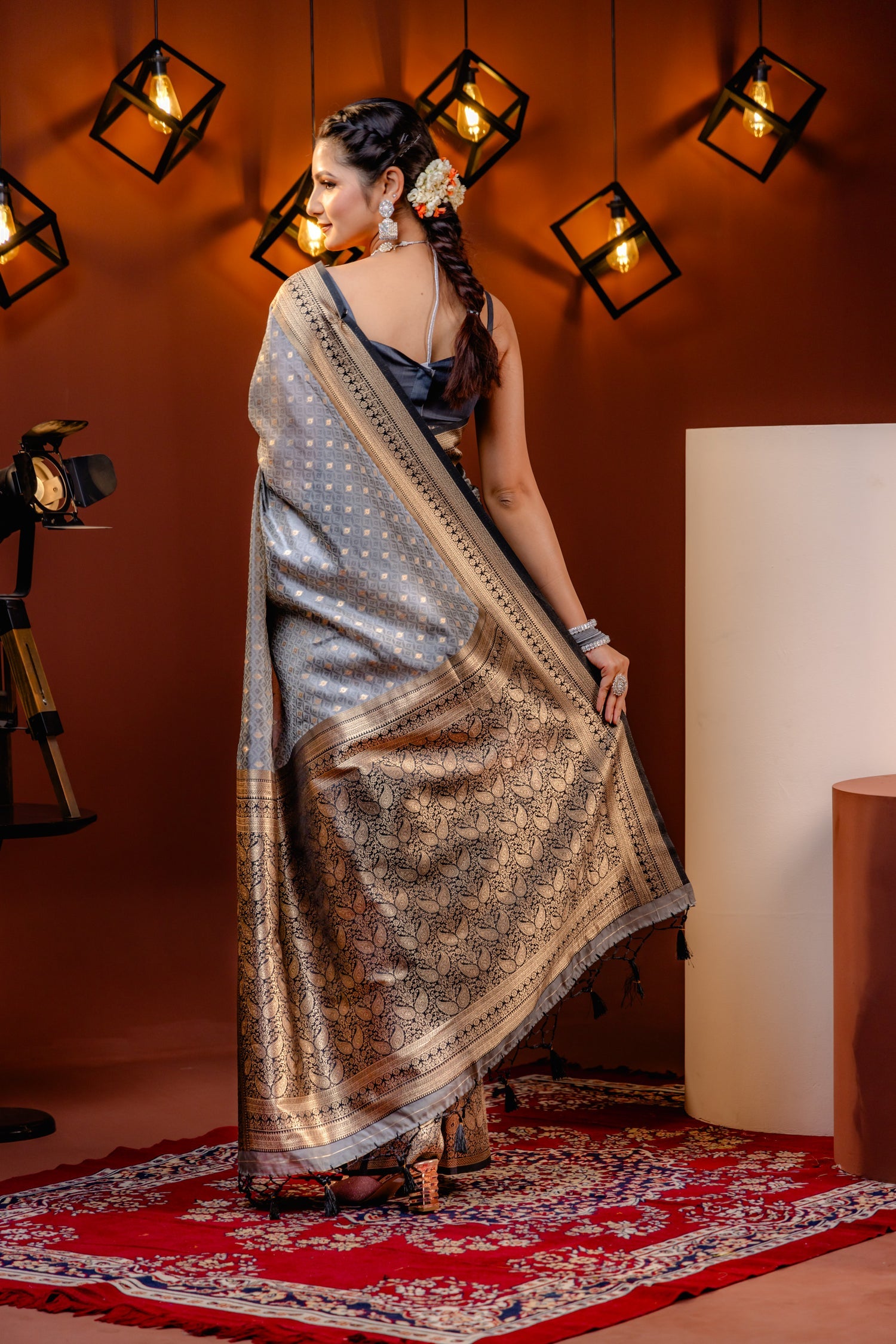 Innovative Grey Soft Banarasi Silk Saree With Wonderful Blouse Piece