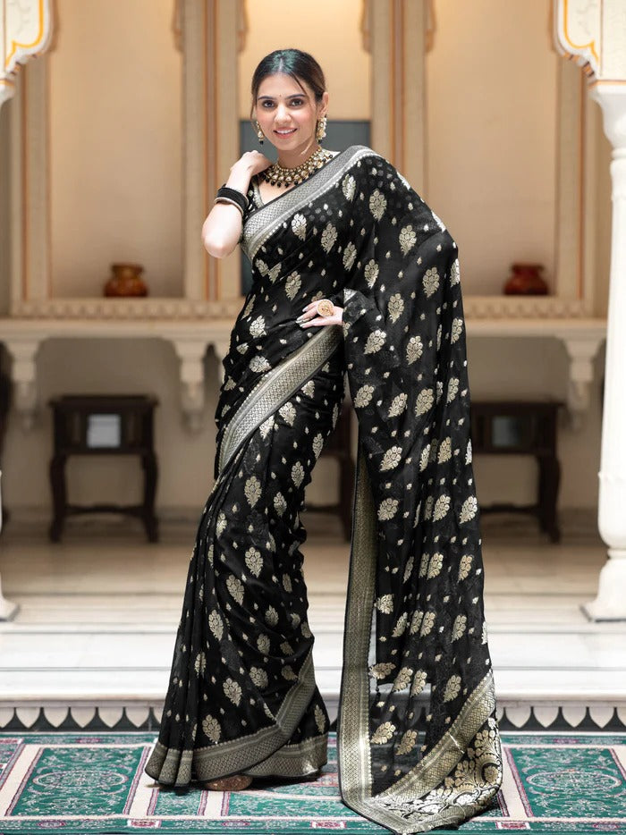 Deserving Black Soft Silk Saree With Embrocation Blouse Piece