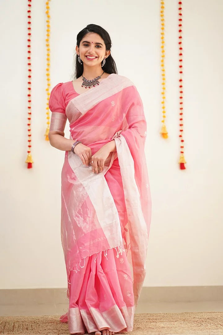 Ravishing Pink Cotton Silk Saree With Demanding Blouse Piece