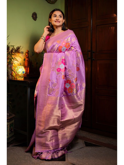 Flamboyant Lavender Soft Banarasi Silk Saree With Glowing Blouse Piece