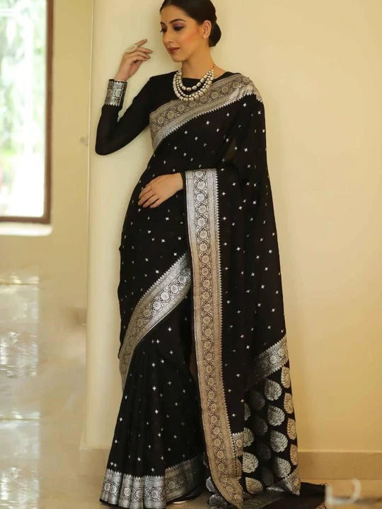 Lissome Black Soft Silk Saree With Majesty Blouse Piece