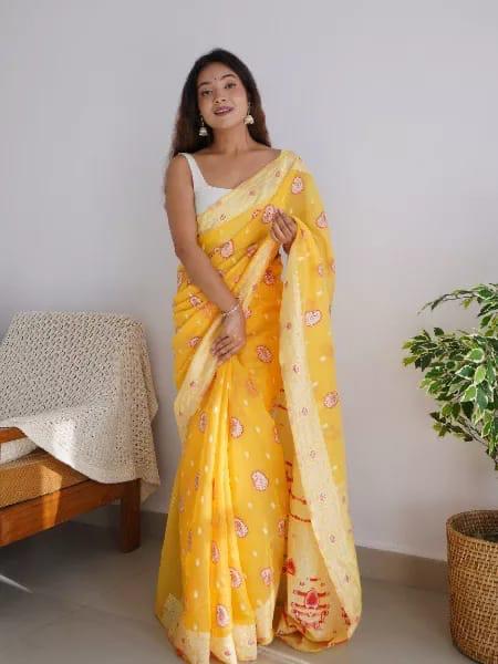 Lissome Yellow Color Cotton Silk Saree With Blouse Piece