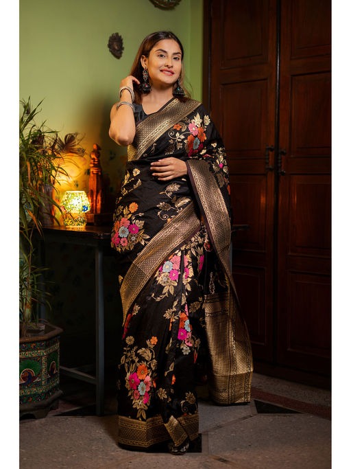 Demanding Black Soft Banarasi Silk Saree With Elaborate Blouse Piece