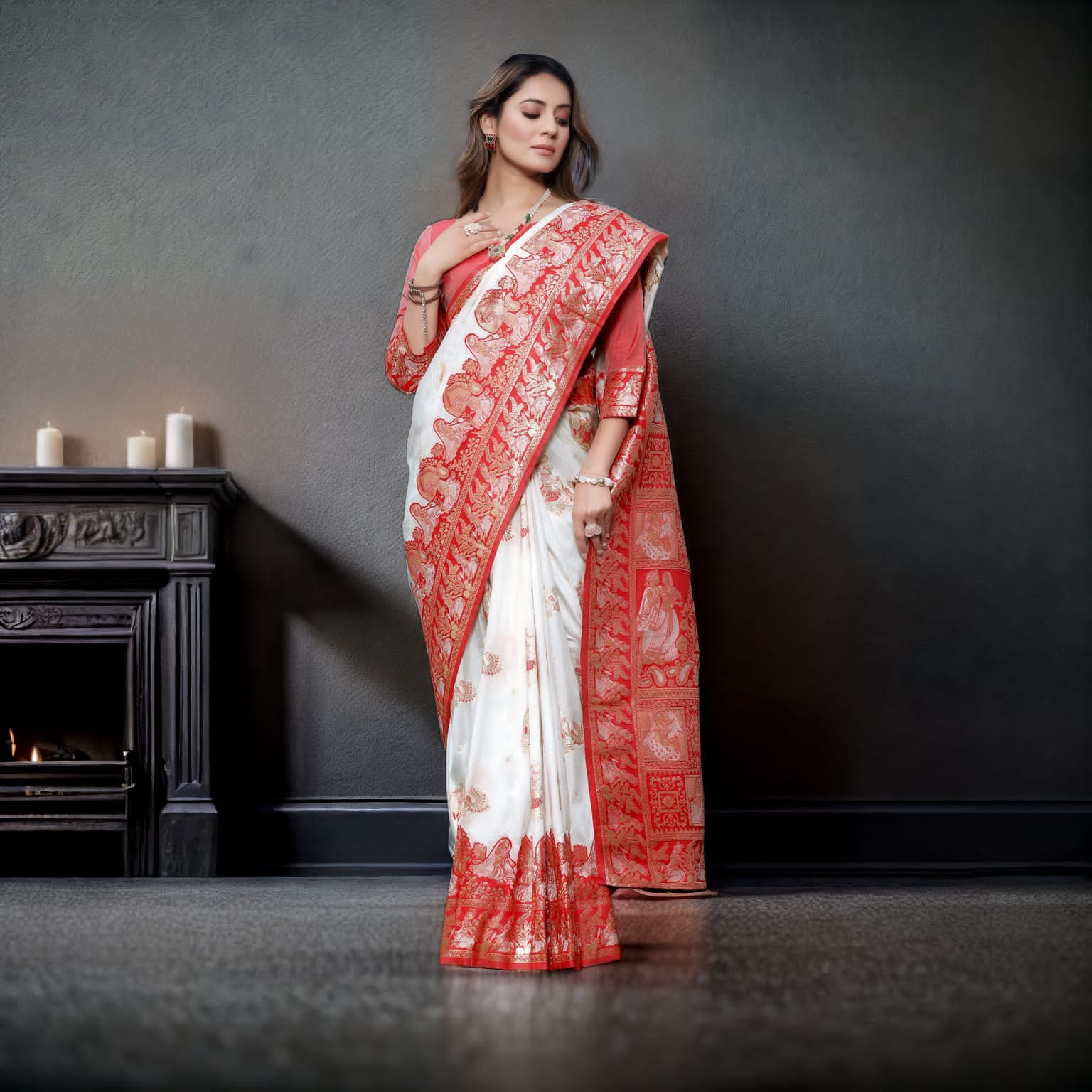 Dalliance White Soft Banarasi Silk Saree With Easy on the eyes Blouse Piece