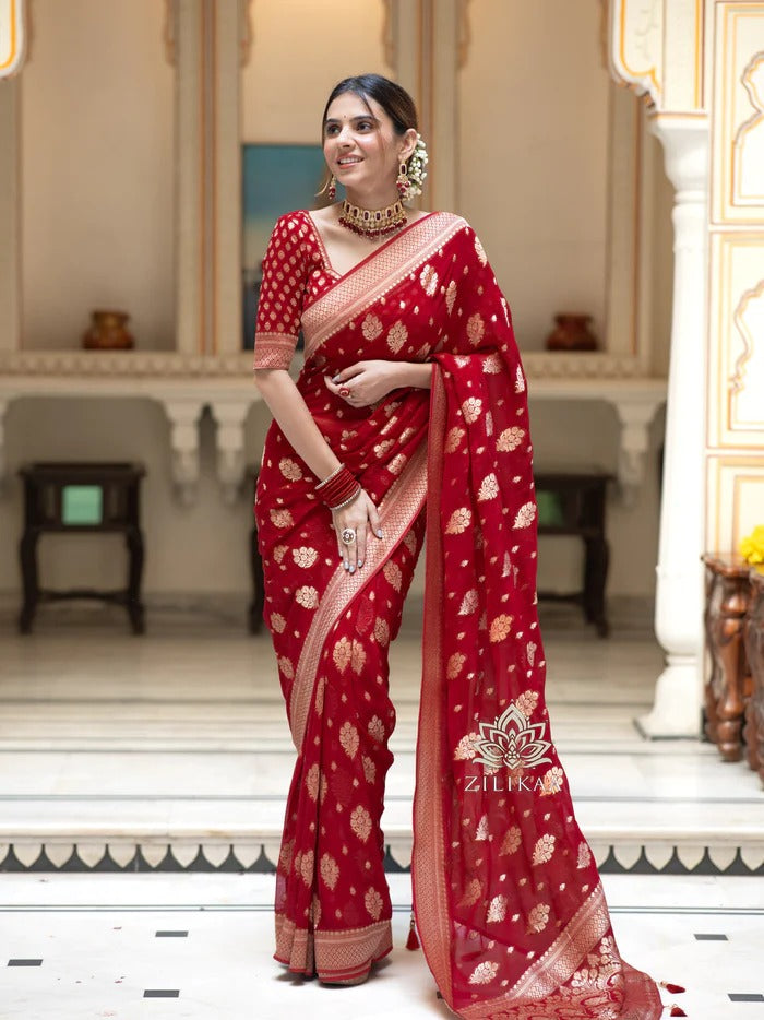 Prettiest Red Soft Silk Saree With Most Surreptitious Blouse Piece