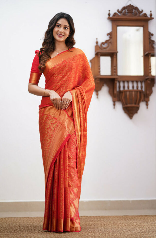 Ebullience Red Color Soft Banarasi Silk Saree With Blouse Piece
