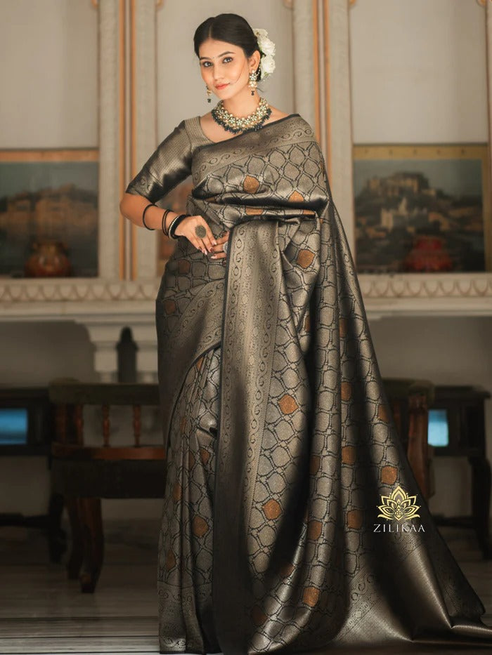 Angelic Black Soft Silk Saree With Exceptional Blouse Piece