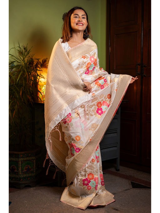 Classic Beige Soft Banarasi Silk Saree With Blissful Blouse Piece