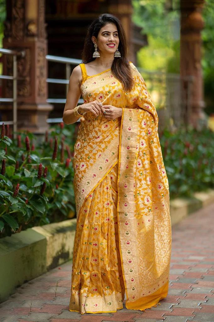 Gleaming Yellow Color Soft Silk Saree With Blouse Piece