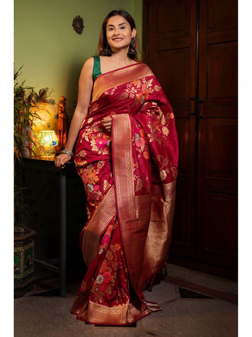 Jazzy Red Soft Banarasi Silk Saree With Improbable Blouse Piece