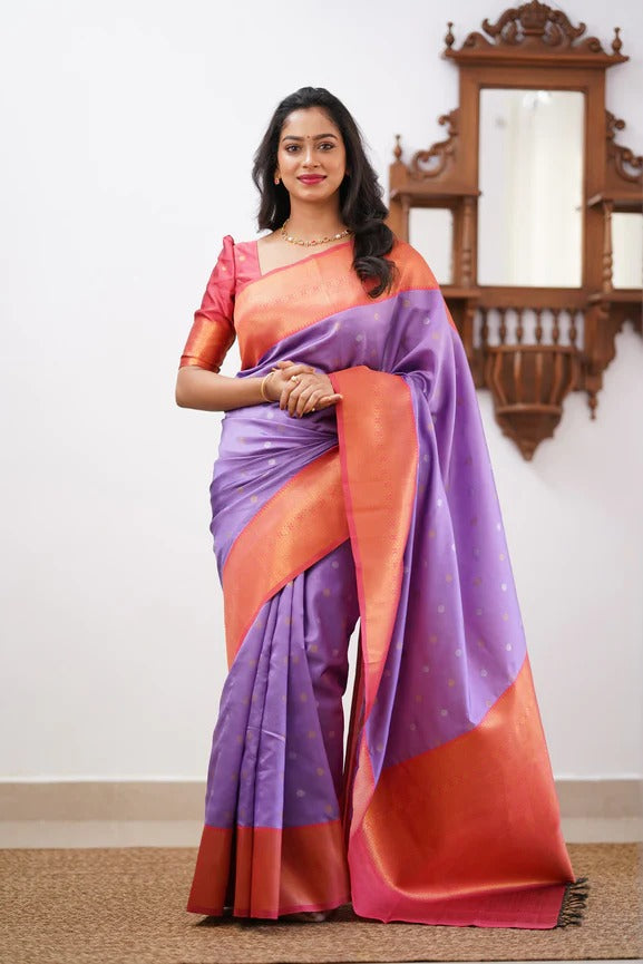 Beleaguer Lavender Soft Banarasi Silk Saree With Blouse Piece