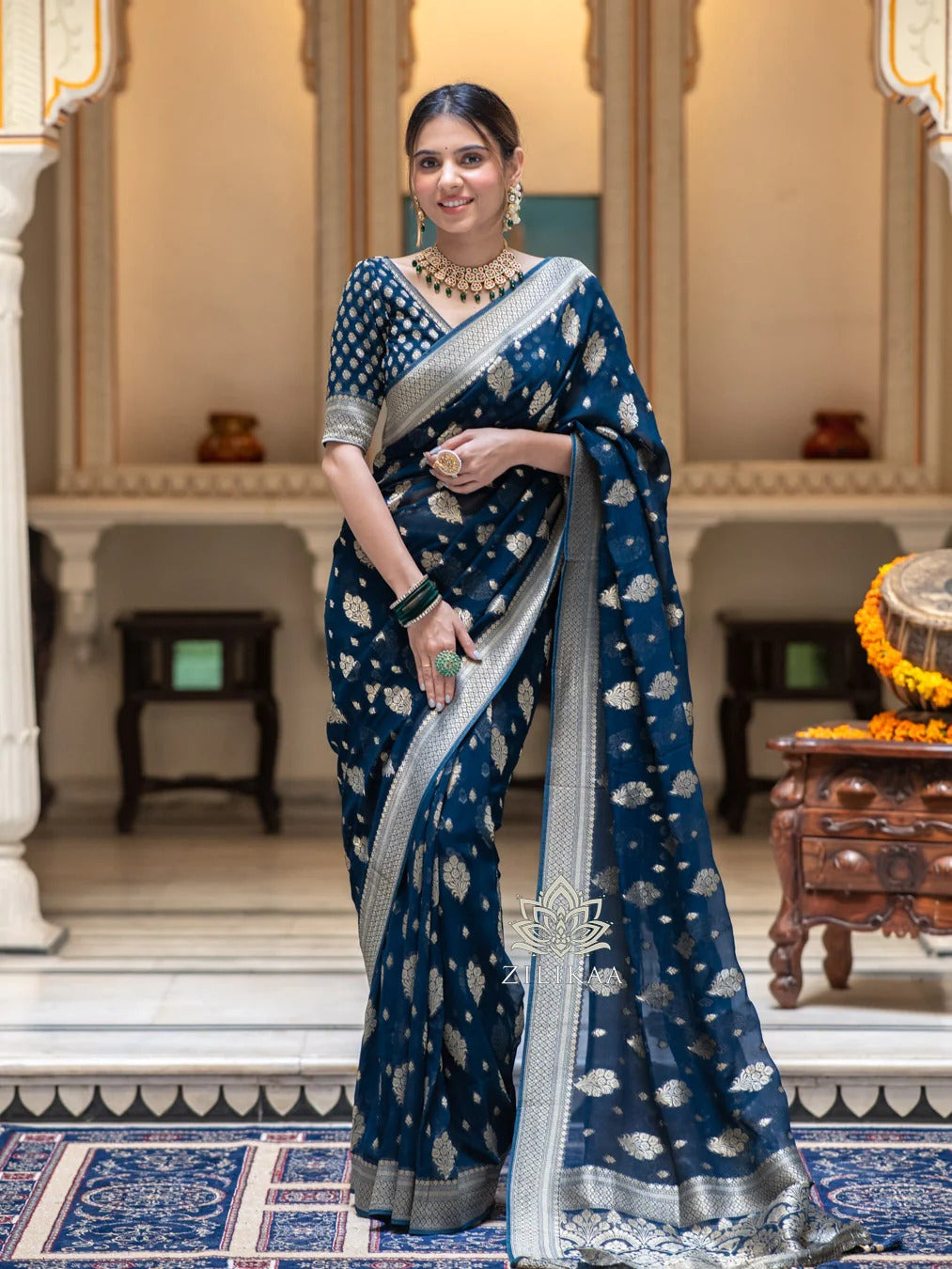 Stylish Rama Soft Silk Saree With Most Flattering Blouse Piece