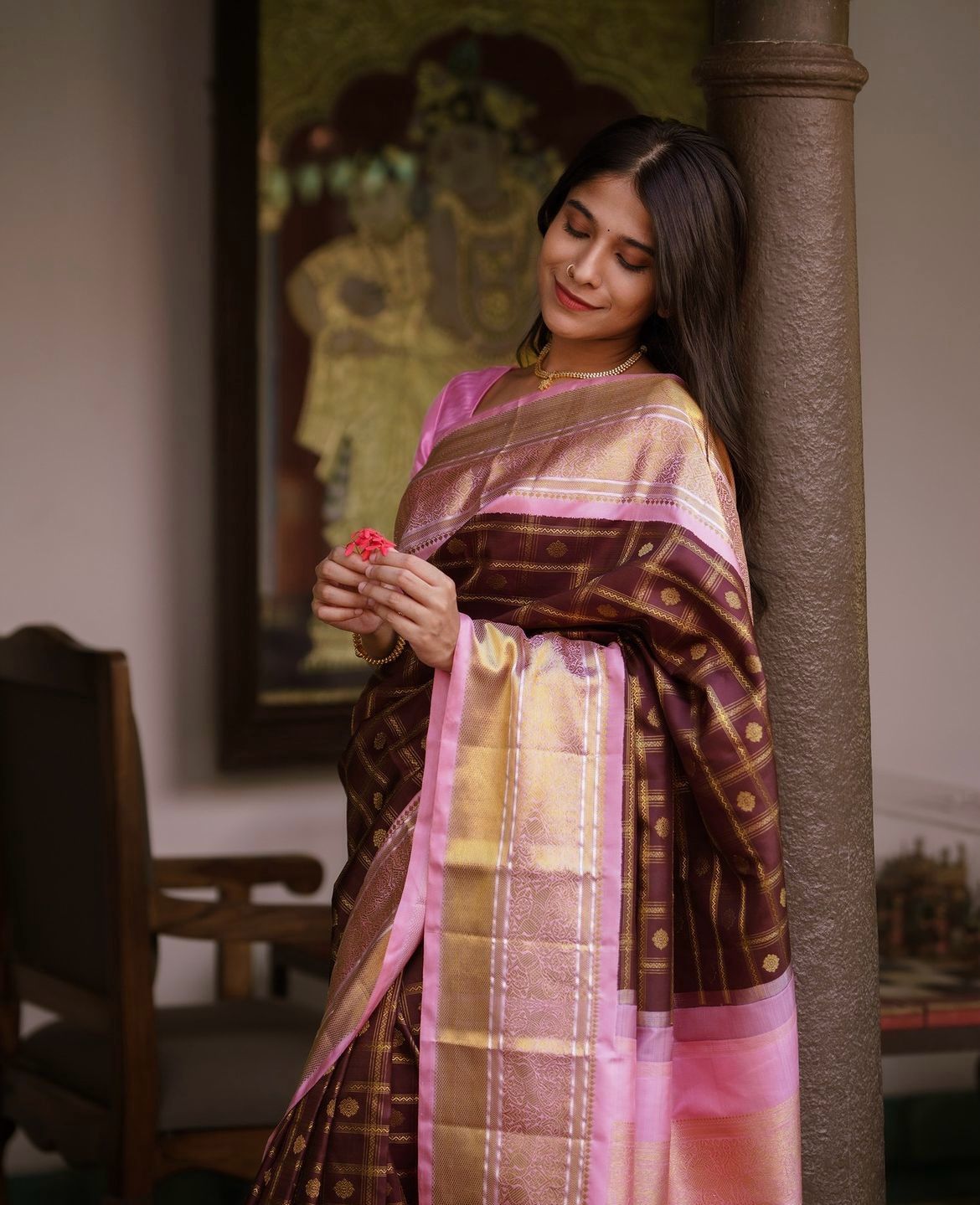 Staggering Brown Soft Silk Saree With Desiring Blouse Piece