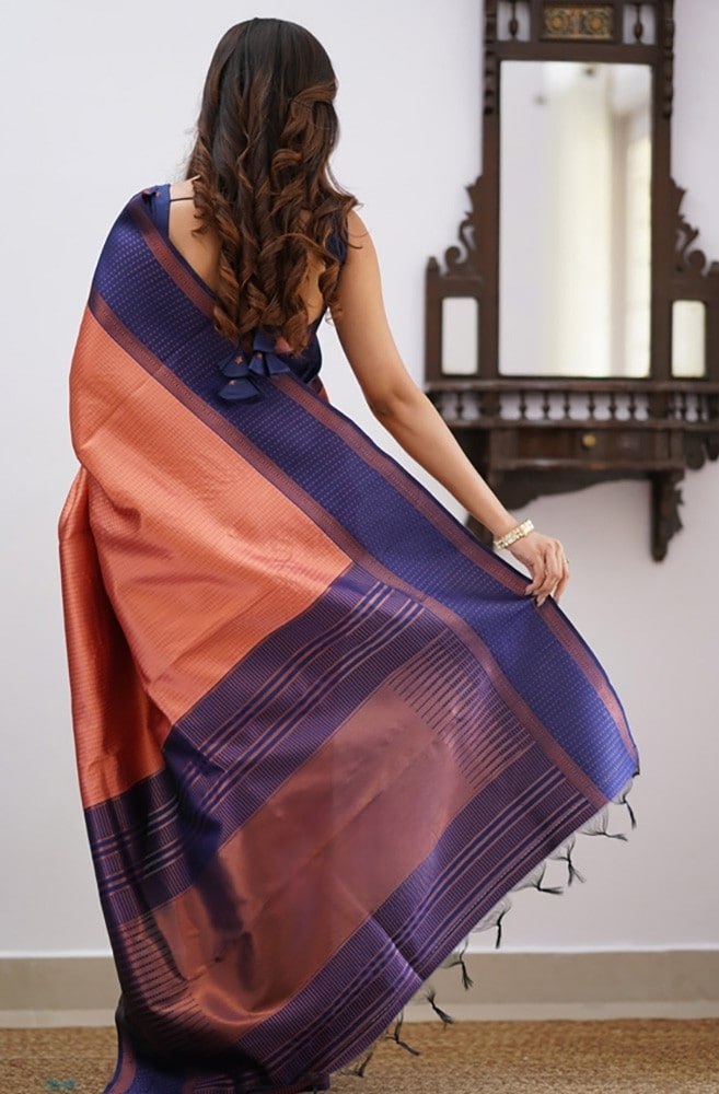 Hypnotic Peach Soft Banarasi Silk Saree With Artistic Blouse Piece