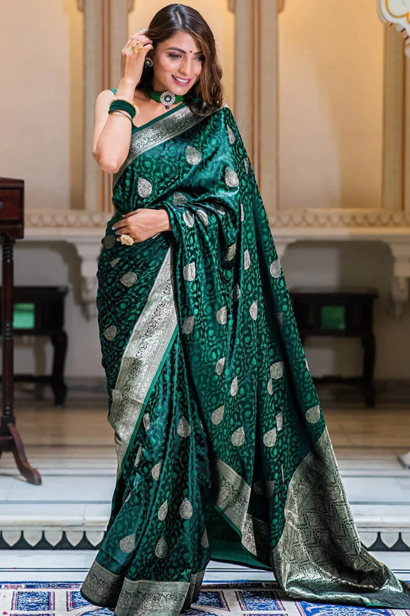 Flattering Green Soft Silk Saree With Gossamer Blouse Piece