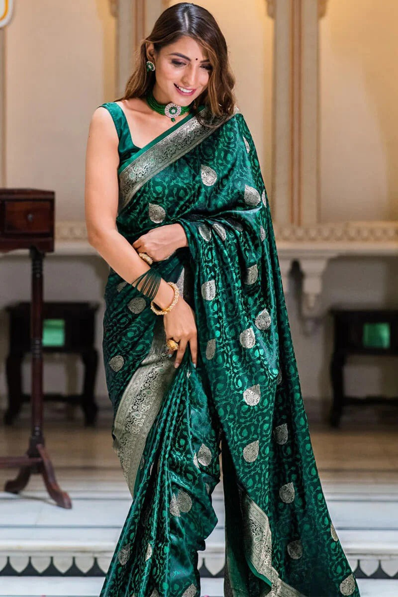 Flattering Green Soft Silk Saree With Gossamer Blouse Piece