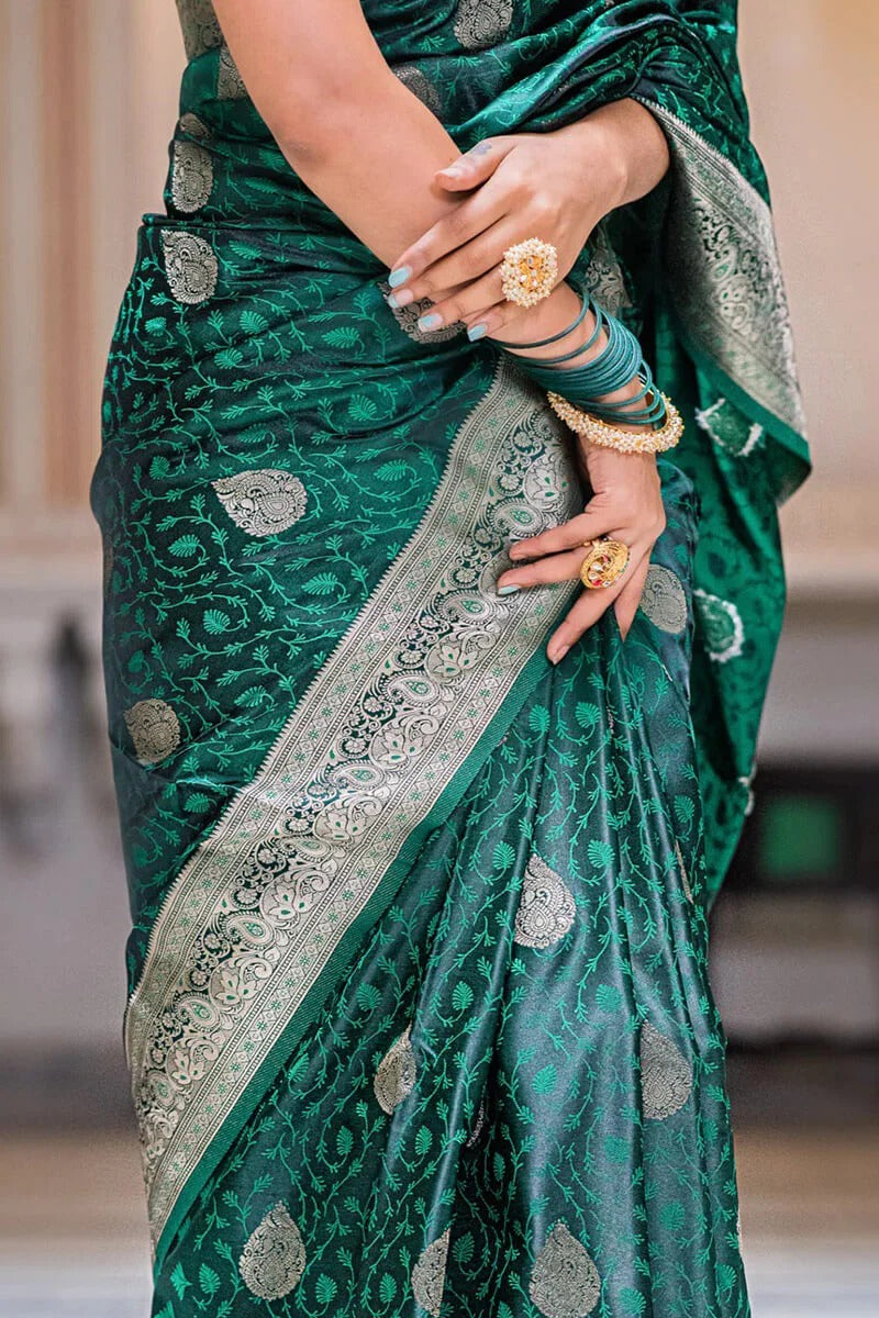 Flattering Green Soft Silk Saree With Gossamer Blouse Piece