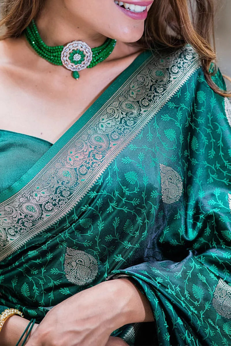 Flattering Green Soft Silk Saree With Gossamer Blouse Piece