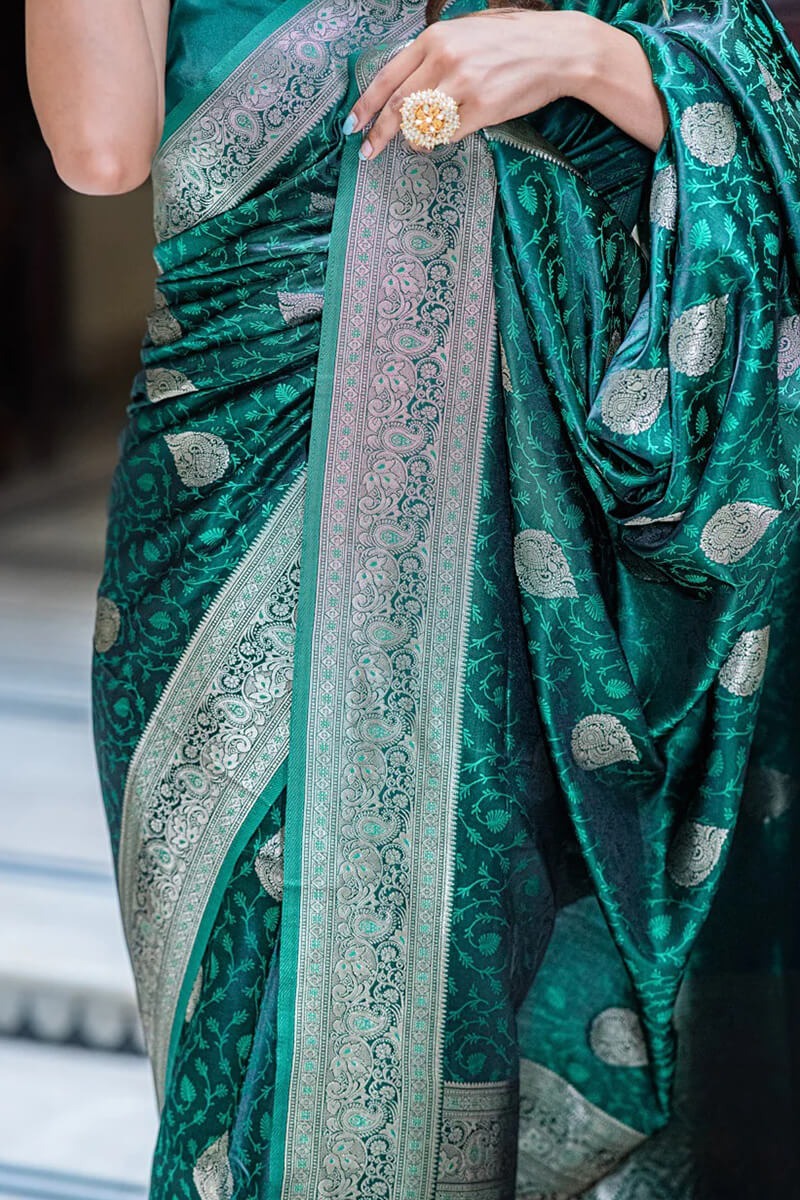 Flattering Green Soft Silk Saree With Gossamer Blouse Piece