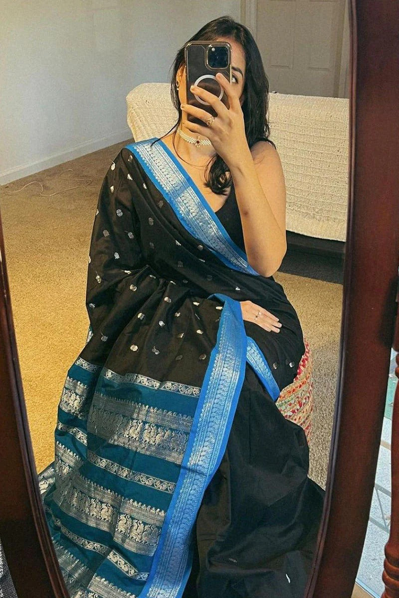 Ratatouille Black Soft Silk Saree With Scrumptious Blouse Piece