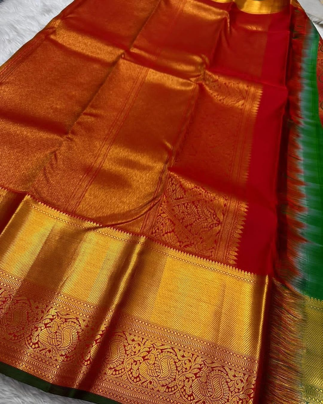 Captivating Red Soft Banarasi Silk Saree With Dazzling Blouse Piece