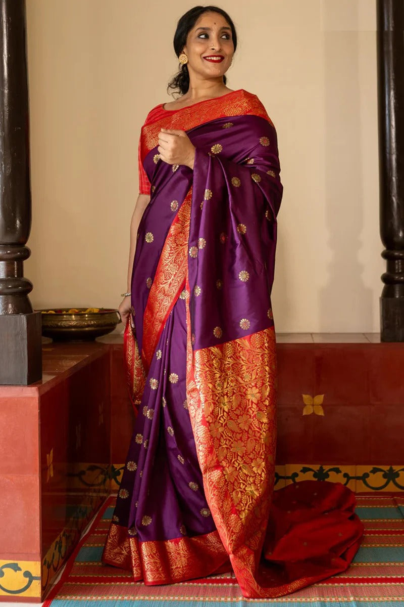 Magnetic Purple Soft Silk Saree With Palimpsest Blouse Piece