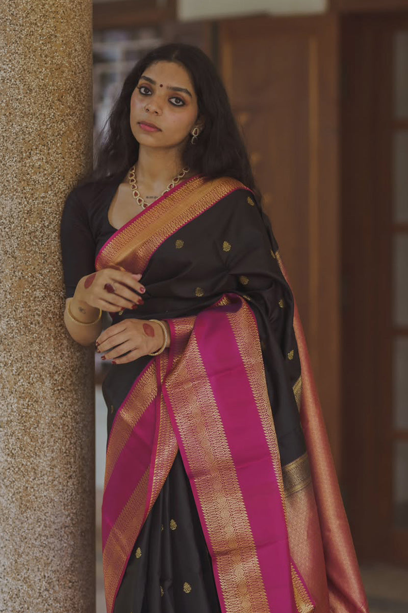 Vestigial Black Soft Silk Saree With Evocative Blouse Piece