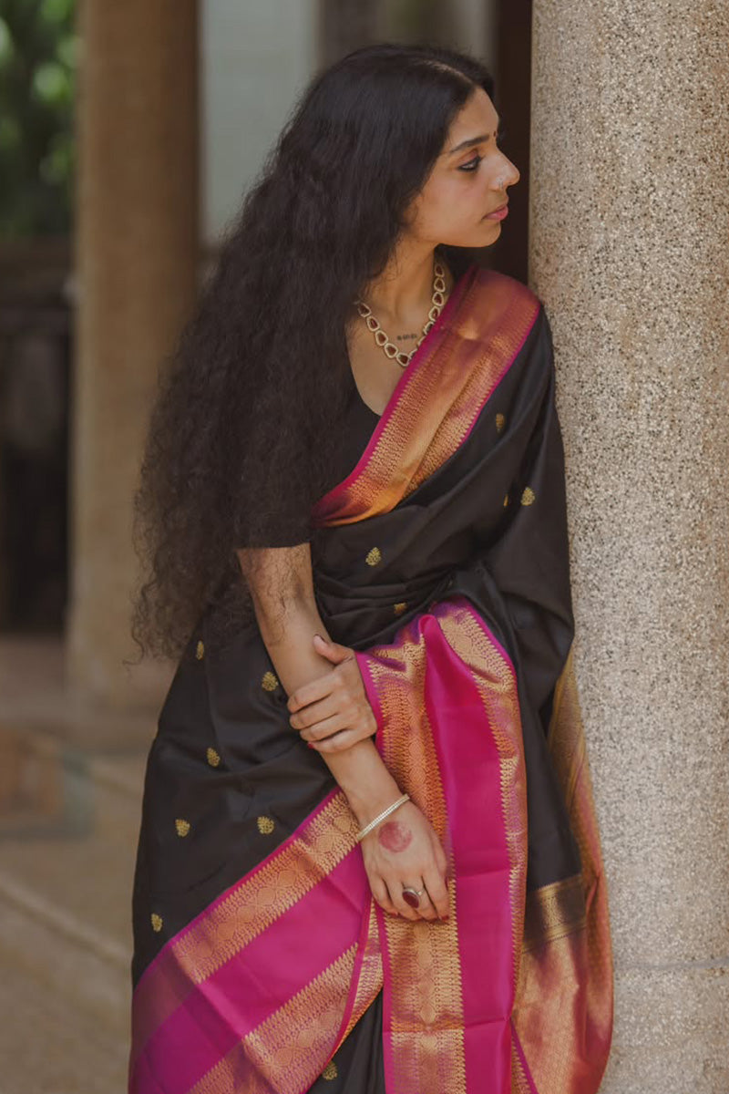 Vestigial Black Soft Silk Saree With Evocative Blouse Piece