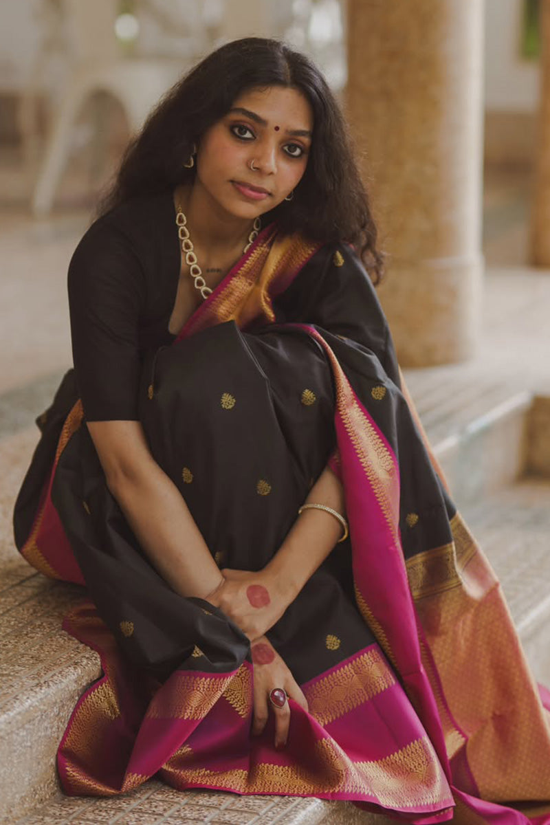 Vestigial Black Soft Silk Saree With Evocative Blouse Piece