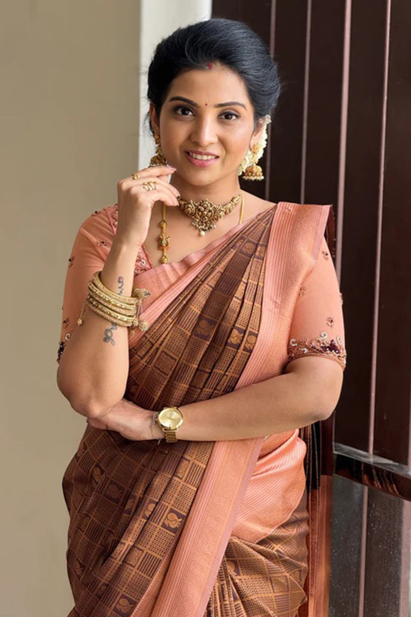 Most Stunning Brown Soft Silk Saree With Susurrous Blouse Piece