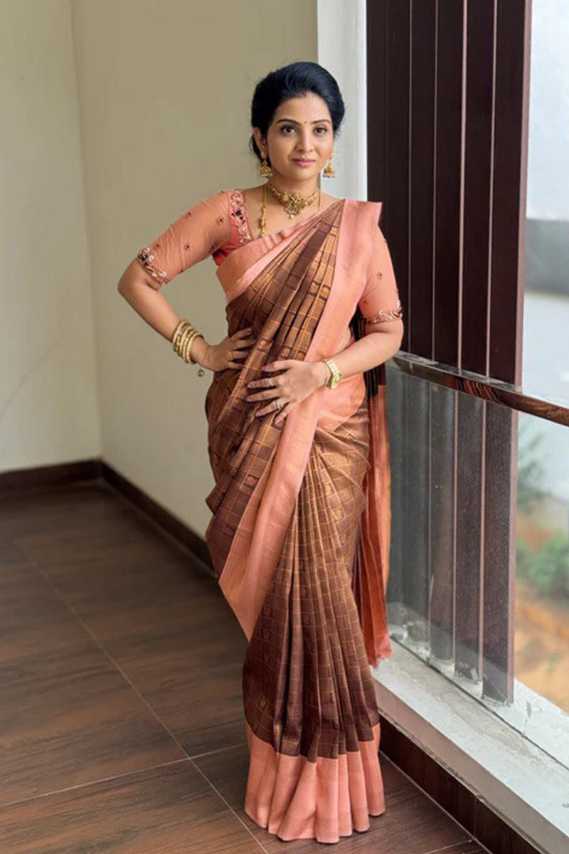 Most Stunning Brown Soft Silk Saree With Susurrous Blouse Piece