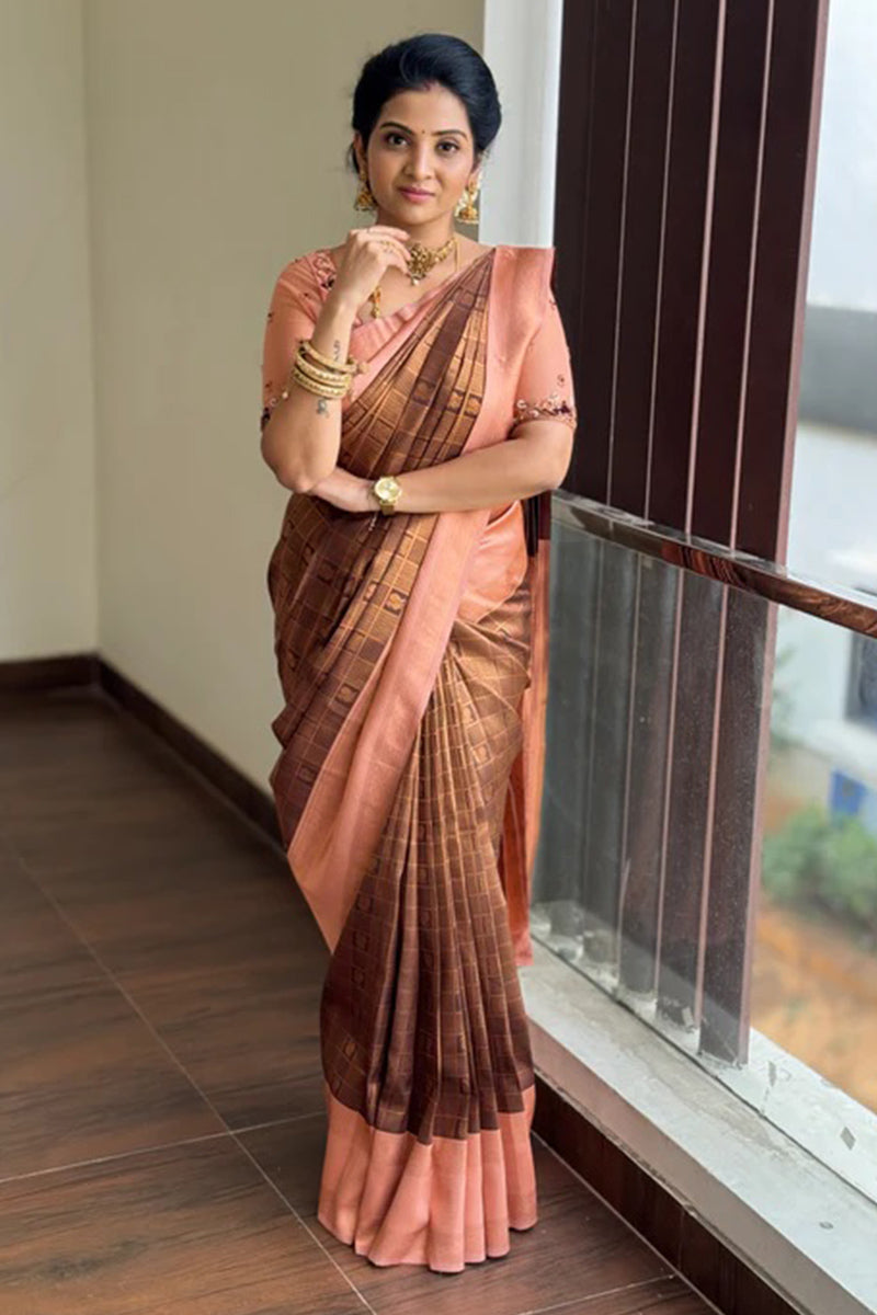 Most Stunning Brown Soft Silk Saree With Susurrous Blouse Piece