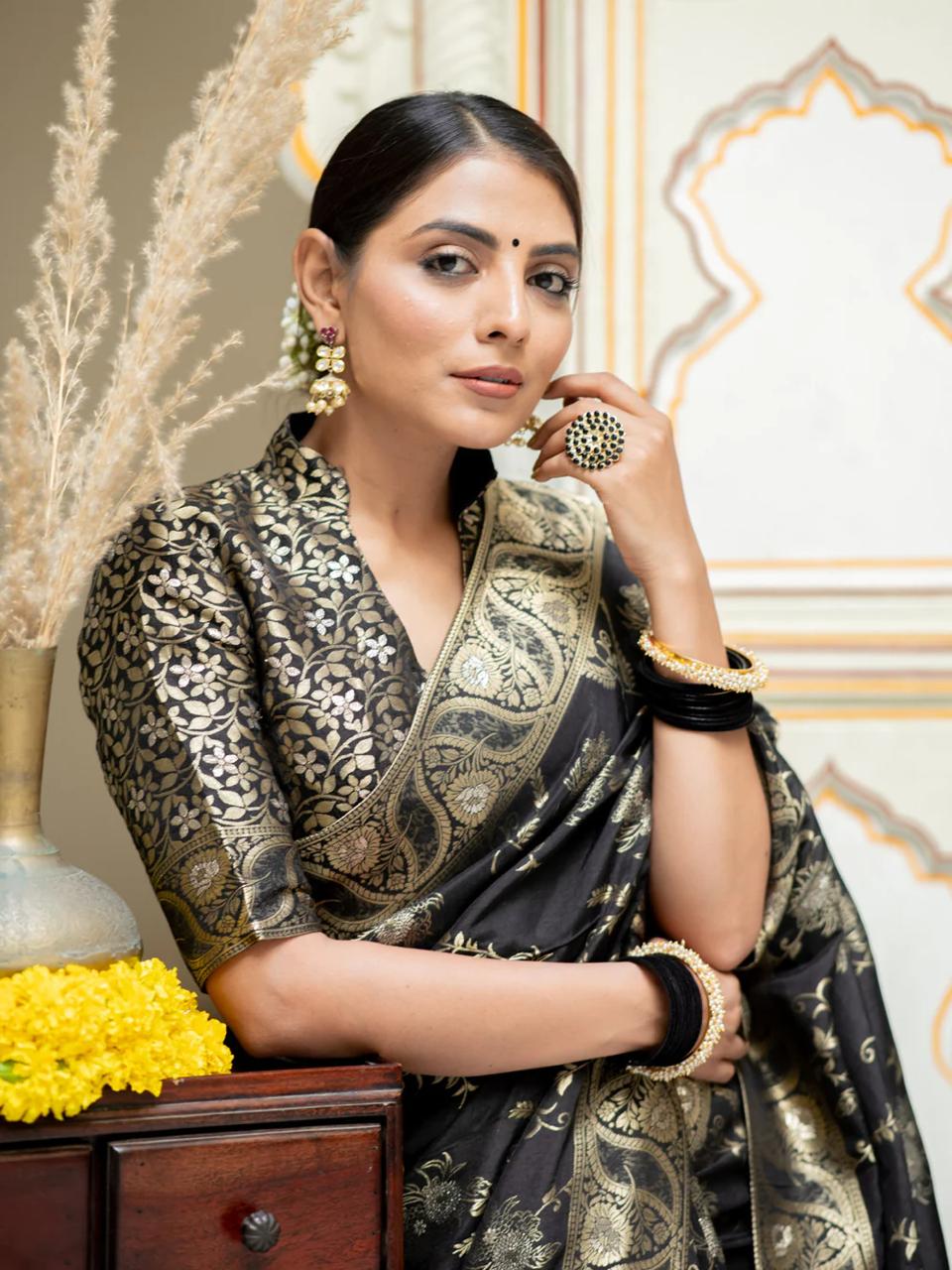 Charming Black Color Soft Banarasi Silk Saree With Delectable Blouse Piece