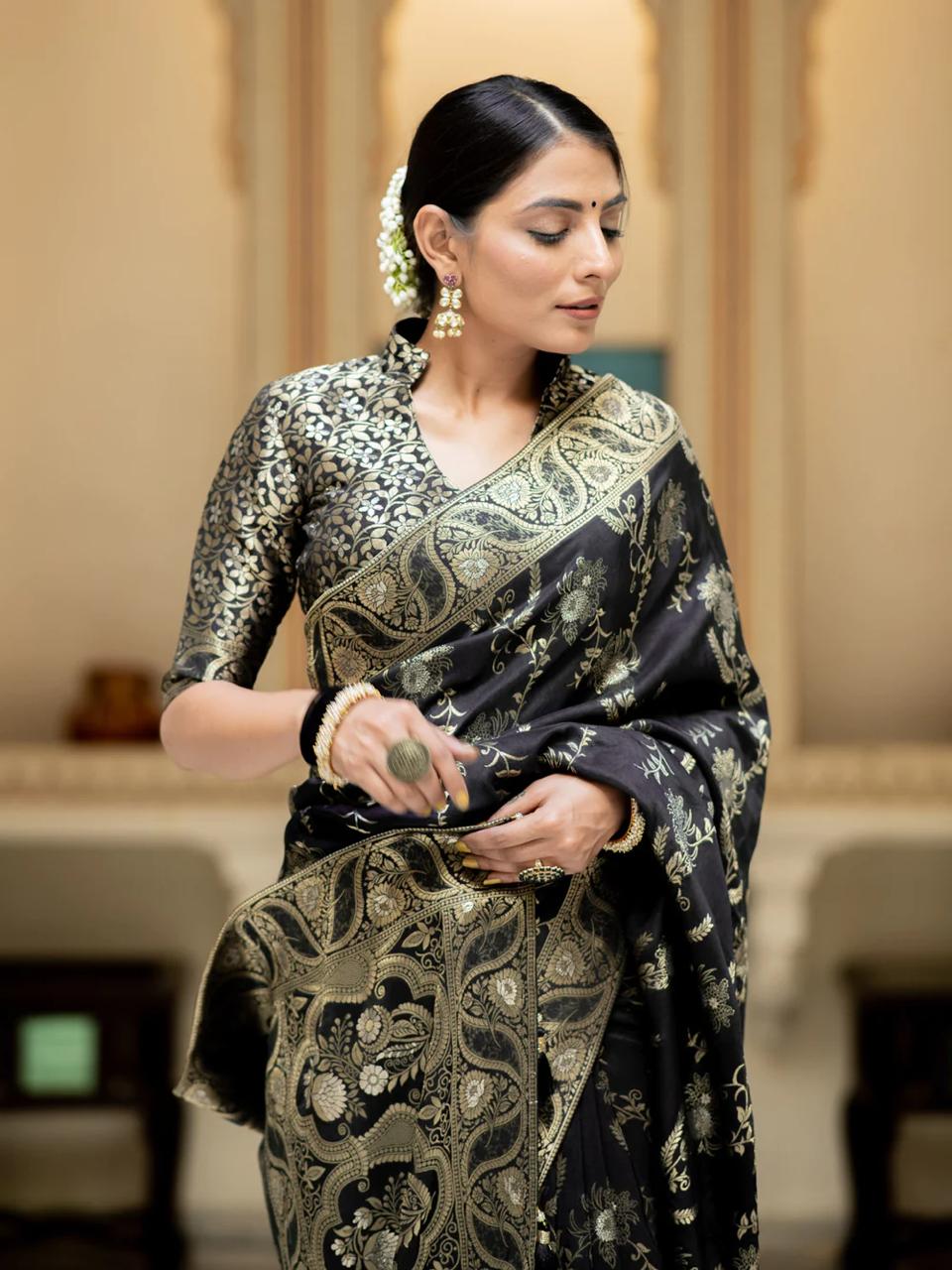 Charming Black Color Soft Banarasi Silk Saree With Delectable Blouse Piece