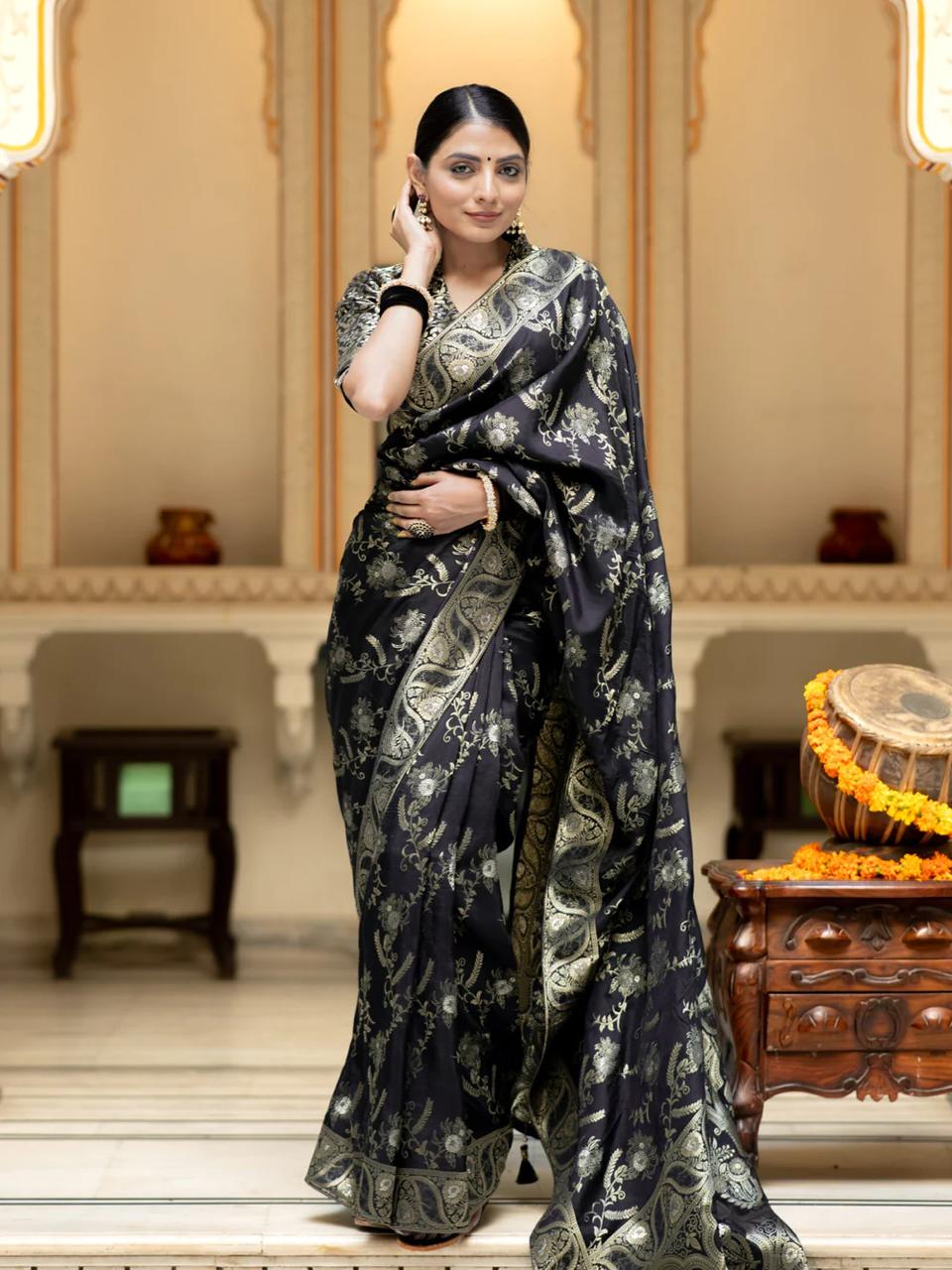 Charming Black Color Soft Banarasi Silk Saree With Delectable Blouse Piece