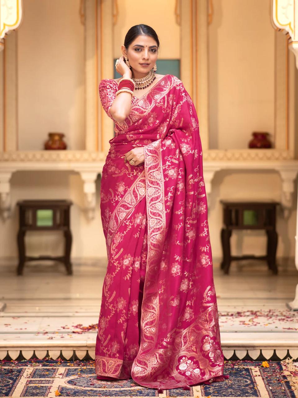 Glittering Dark Pink Color Soft Banarasi Silk Saree With Opulent Blouse Piece