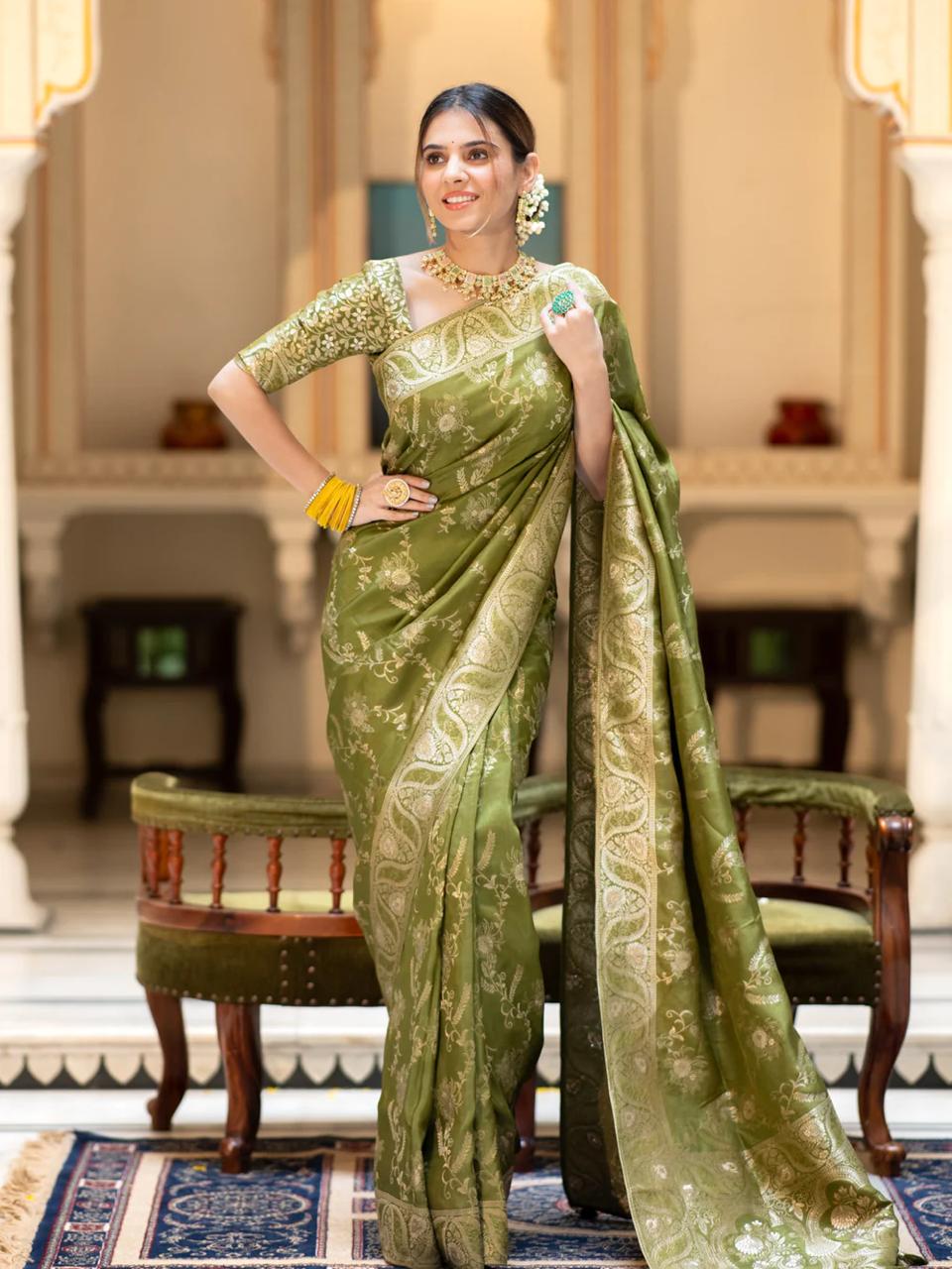 Imbrication Mehndi Color Soft Banarasi Silk Saree With Lissome Blouse Piece