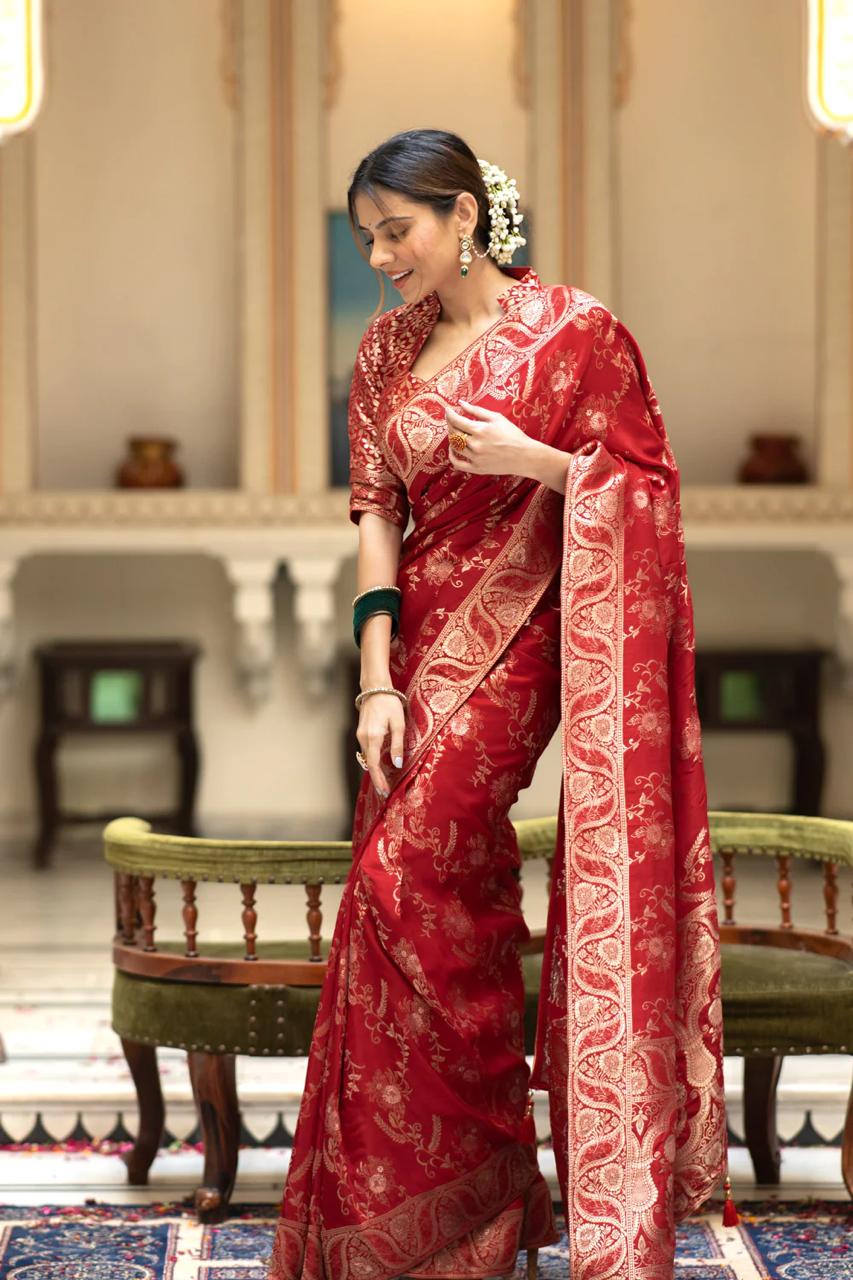 Ravishing Red Color Soft Banarasi Silk Saree With Sempiternal Blouse Piece