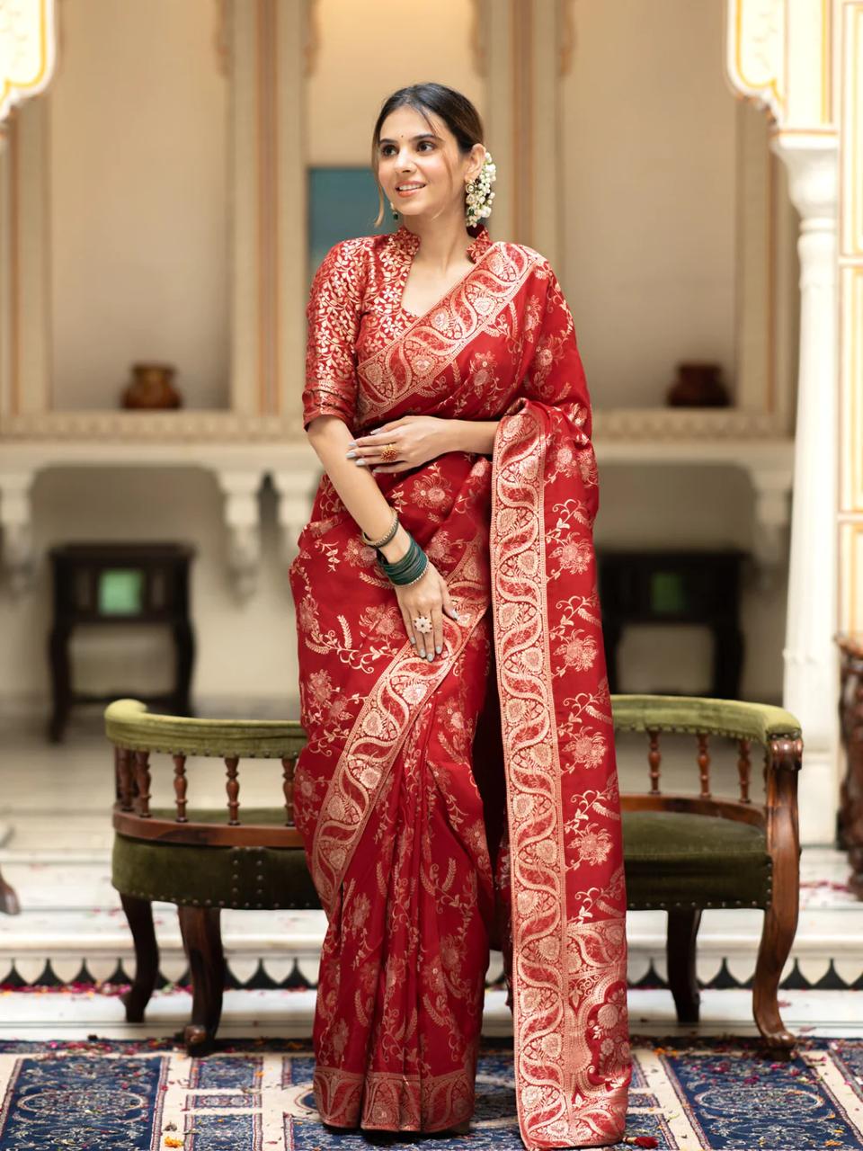 Ravishing Red Color Soft Banarasi Silk Saree With Sempiternal Blouse Piece